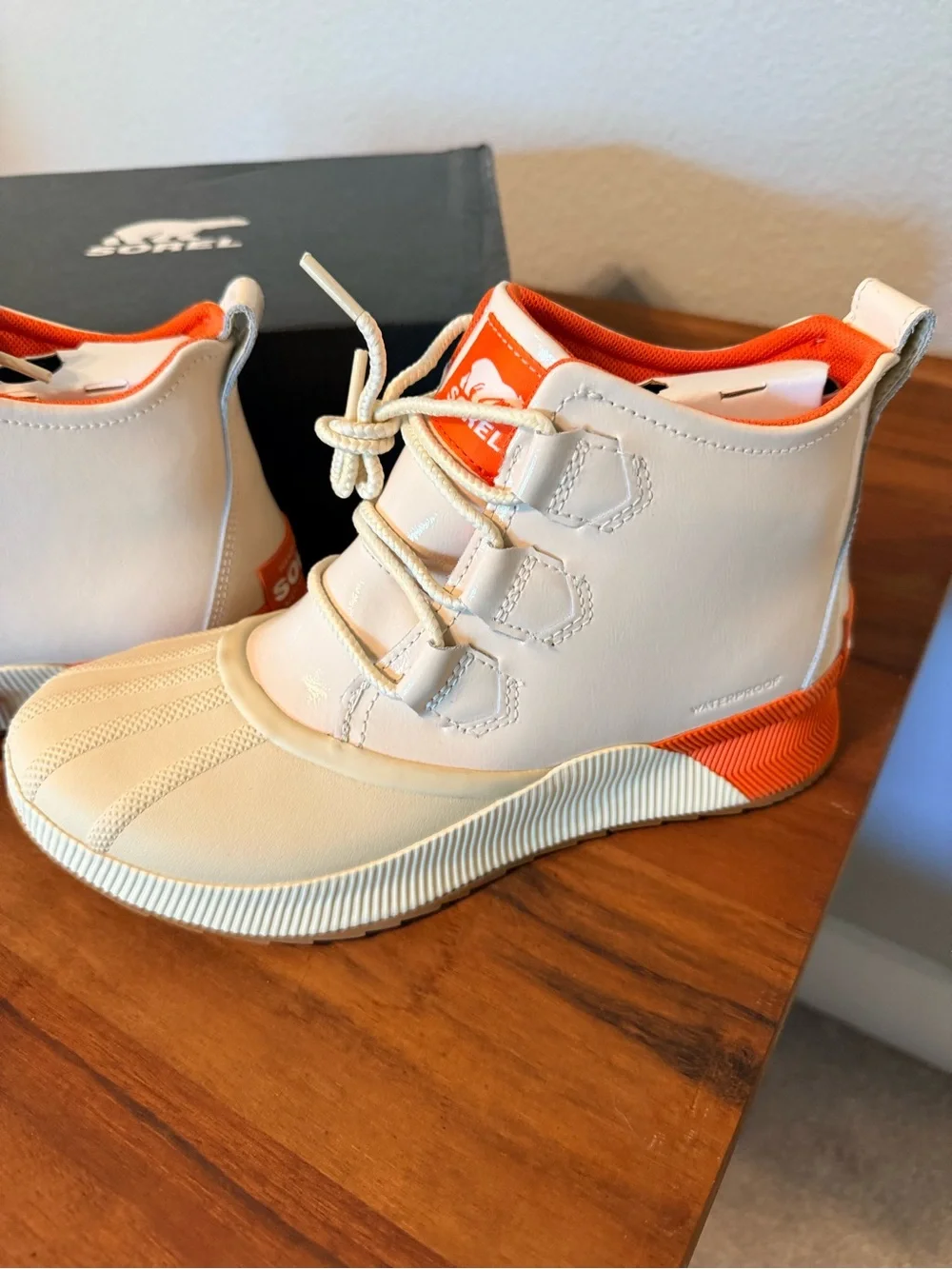 Sorel Cream and Orange Lace-Up Waterproof Boots